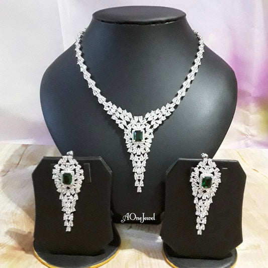 Indian Bridal CZ Diamond Emerald 2PCS Necklace Set