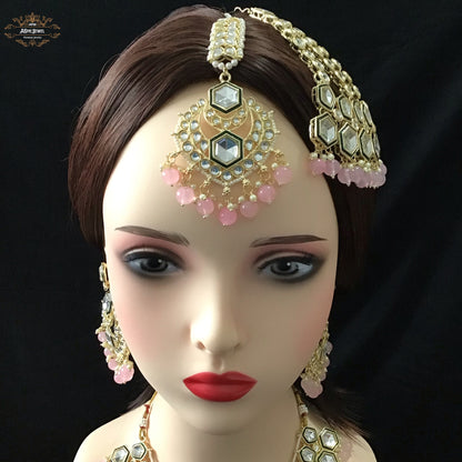 Indian Bridal Pink Necklace Earrings Jhoomar Tikka Set