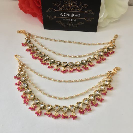 Sahara For Earrings, Gold Shoking Pink Kundan Ear Chain, Ear Support