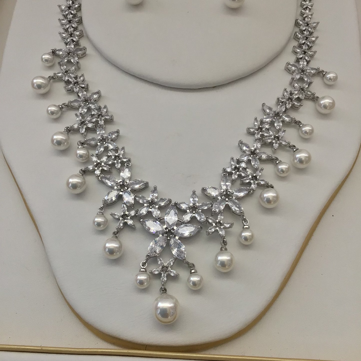 Luxury Bridal Clear CZ Diamond Pearl Necklace Jewellery Set