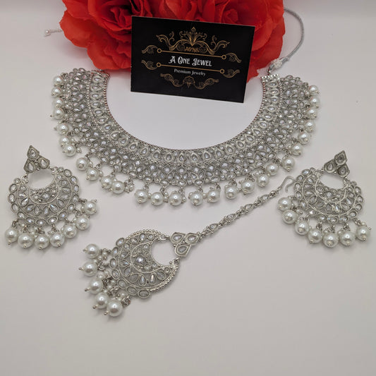 Indian Bridal Pearl Statement Necklace Jewellery Set, Silver Wedding Necklace Set