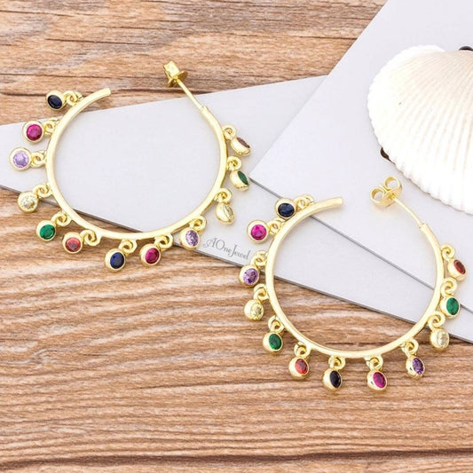 18K Gold Plated Rainbow CZ Hoop Earrings