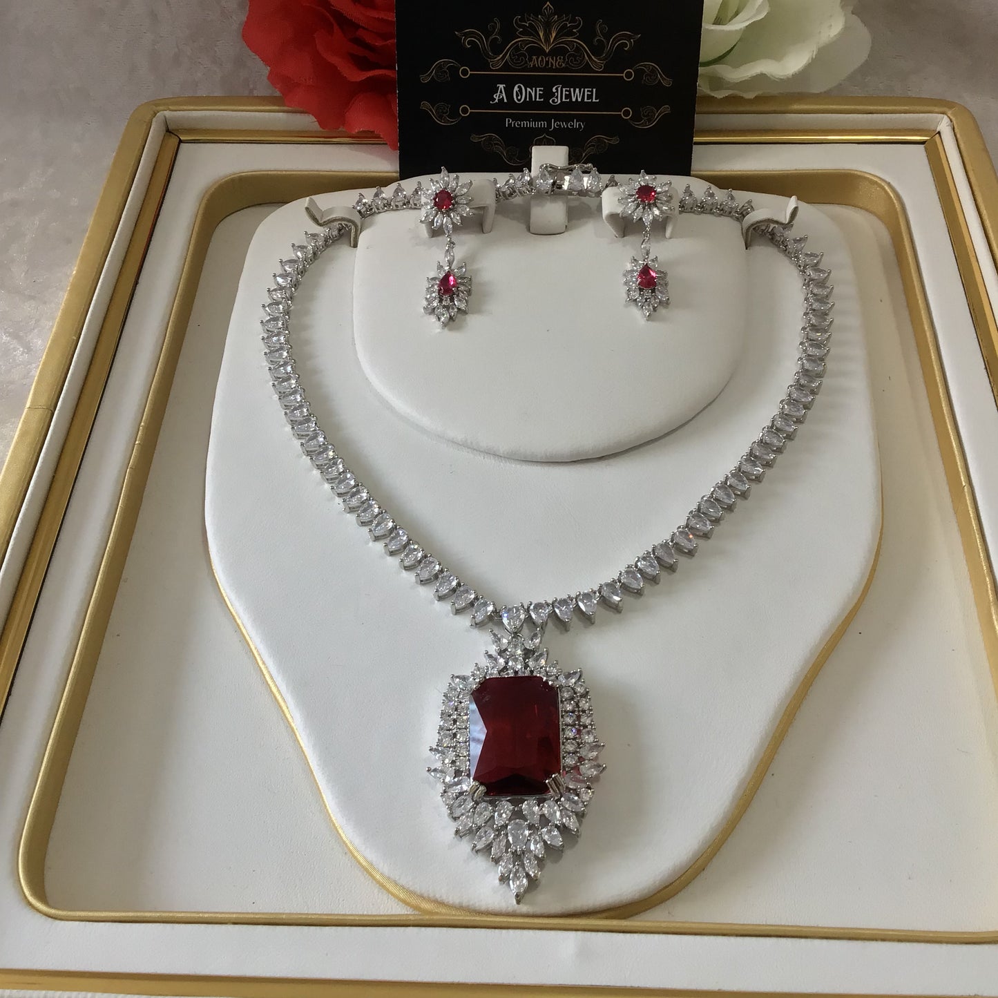 Indian Bridal CZ Diamond Silver Ruby Pink Necklace Jewellery Set