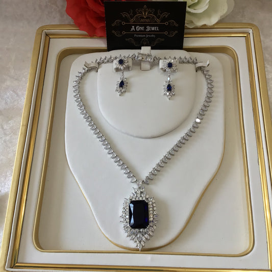 Indian Bridal CZ Diamond Silver Sapphire Necklace Jewellery Set