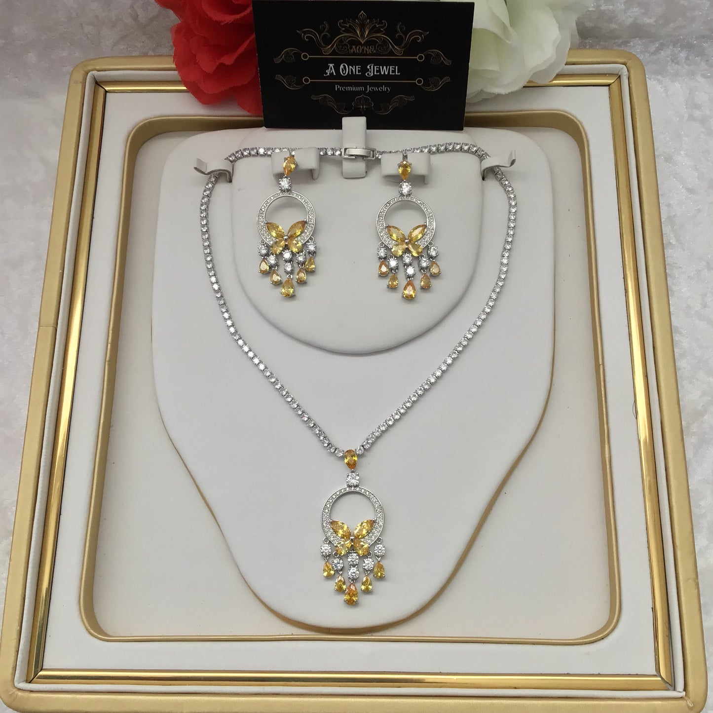 Exclusive Bridal Yellow CZ Diamond Cubic Zirconia Necklace Jewellery Set