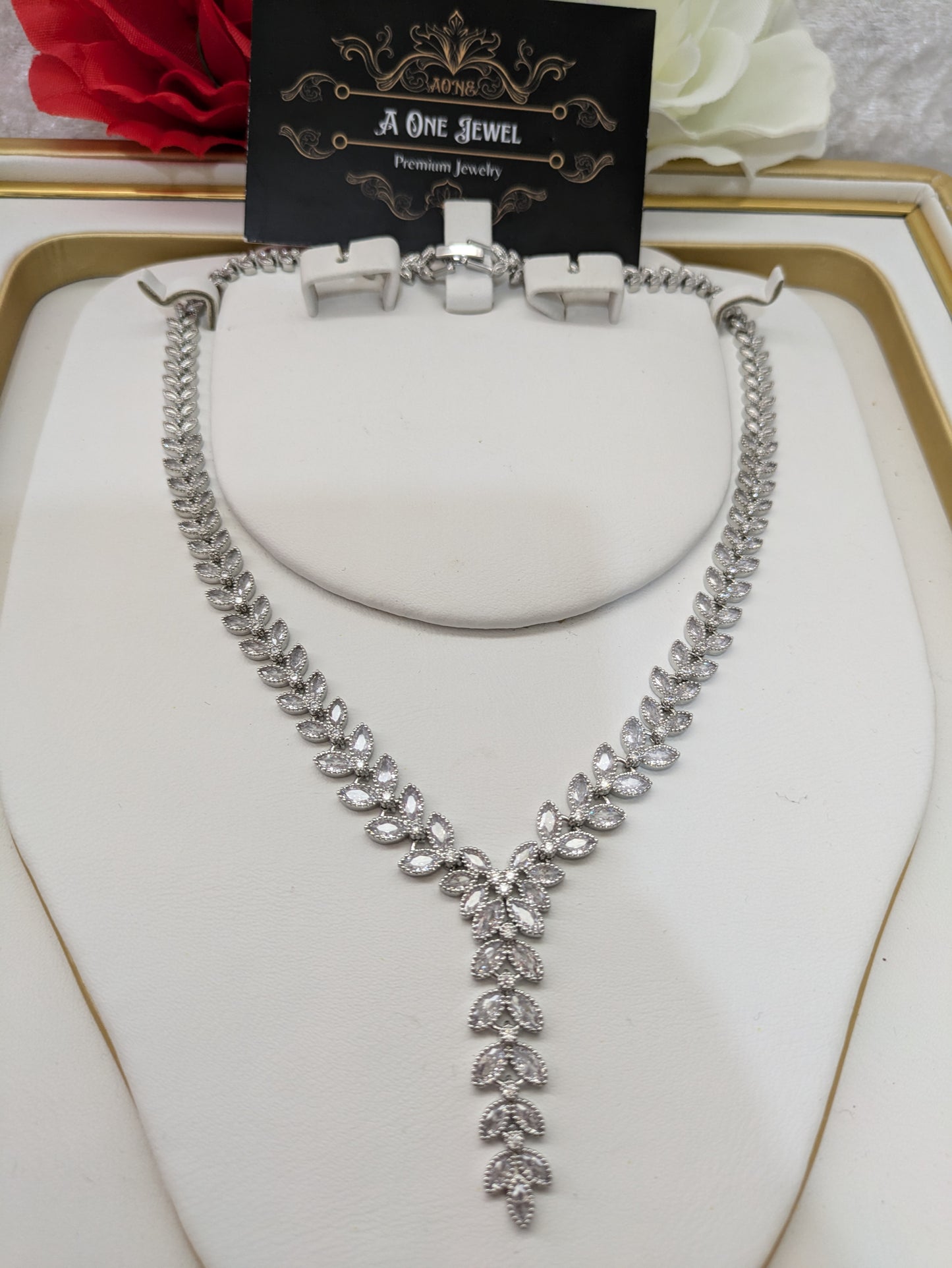 Indian Bridal Silver CZ Diamond Necklace Set