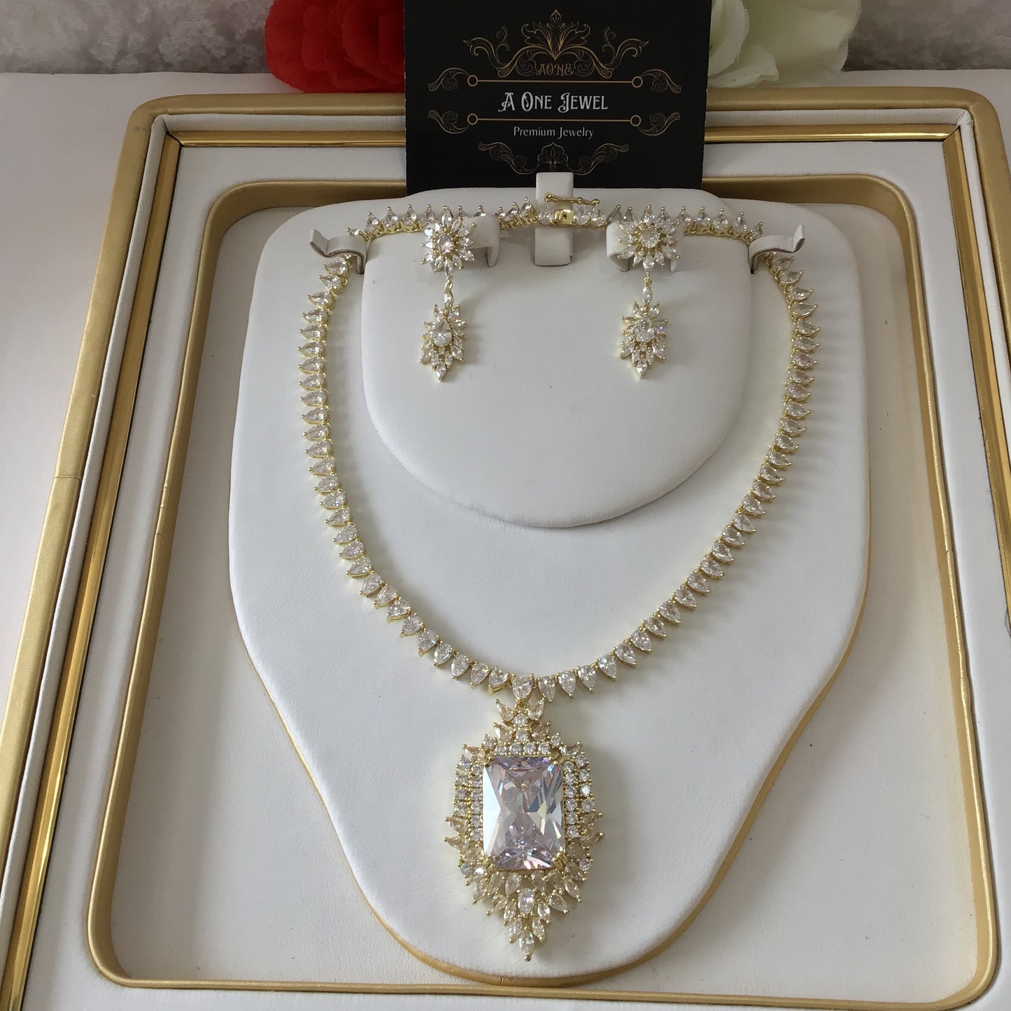 Indian Bridal CZ Diamond Gold Plated Clear Necklace Jewellery Set