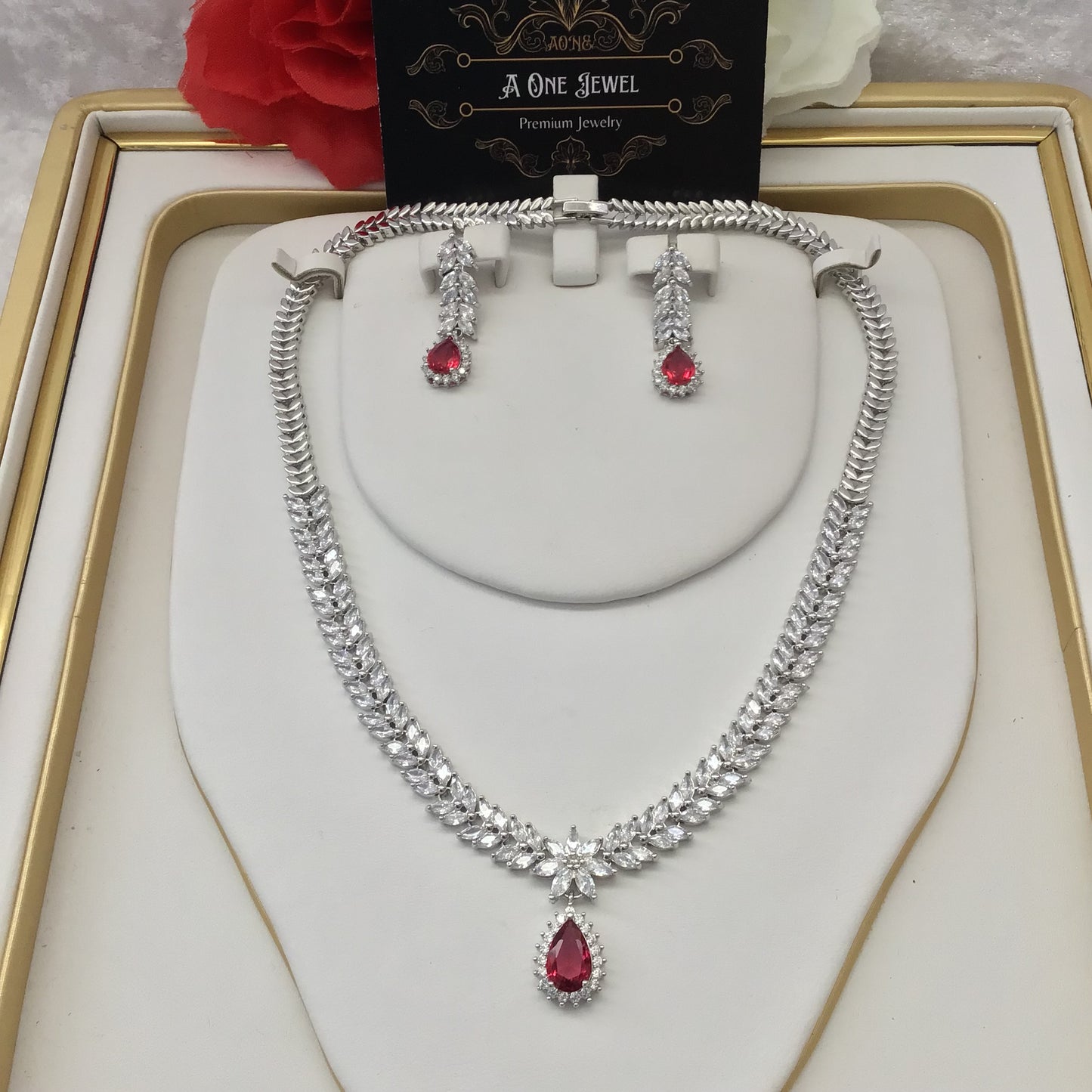 Exclusive Bridal Ruby Pink CZ Diamond Cubic Zirconia Necklace Jewellery Set