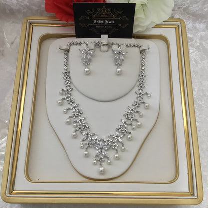 Luxury Bridal Clear CZ Diamond Pearl Necklace Jewellery Set