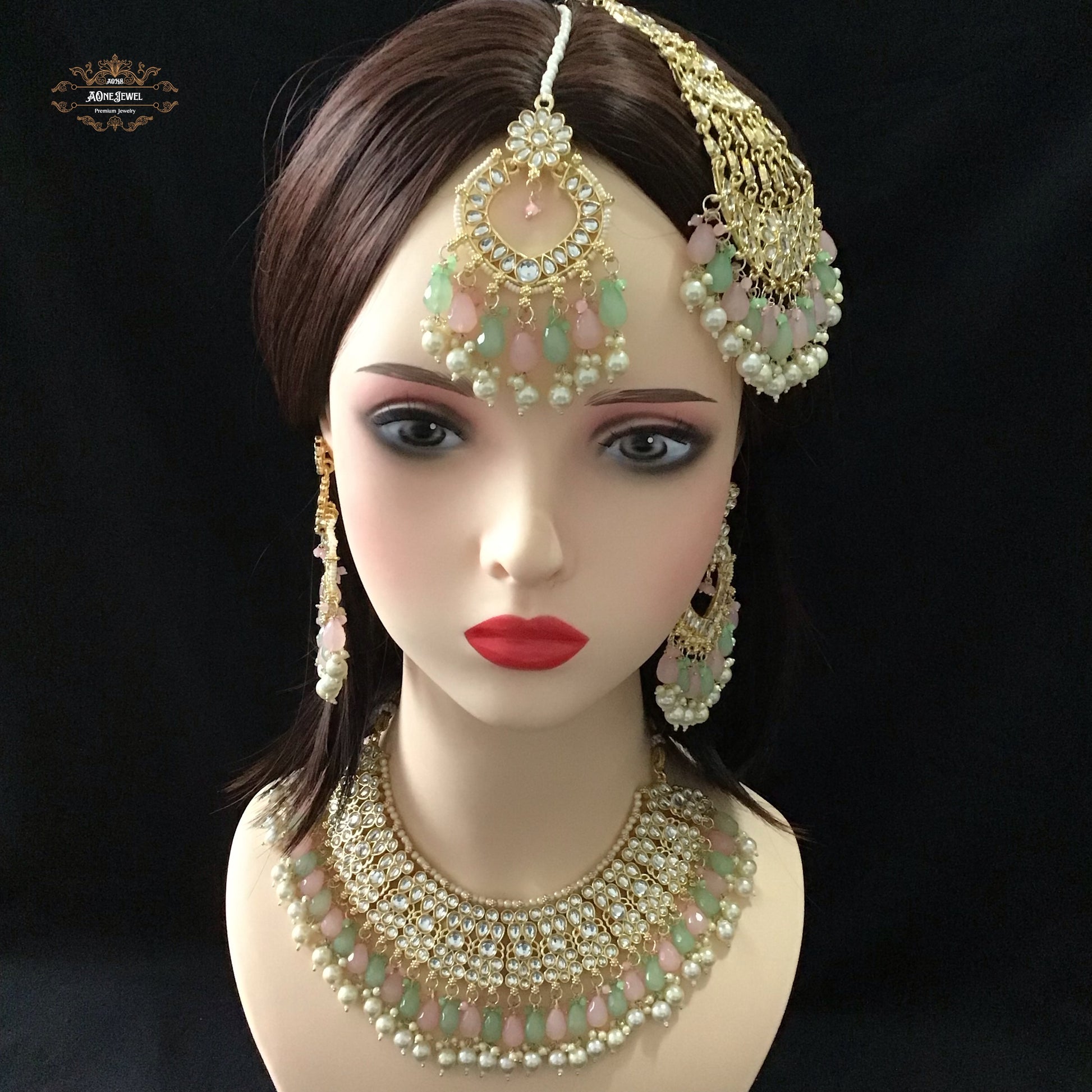 Indian Bridal Pastel Green Pink Necklace Earrings Jhoomar/Passa Tikka Set