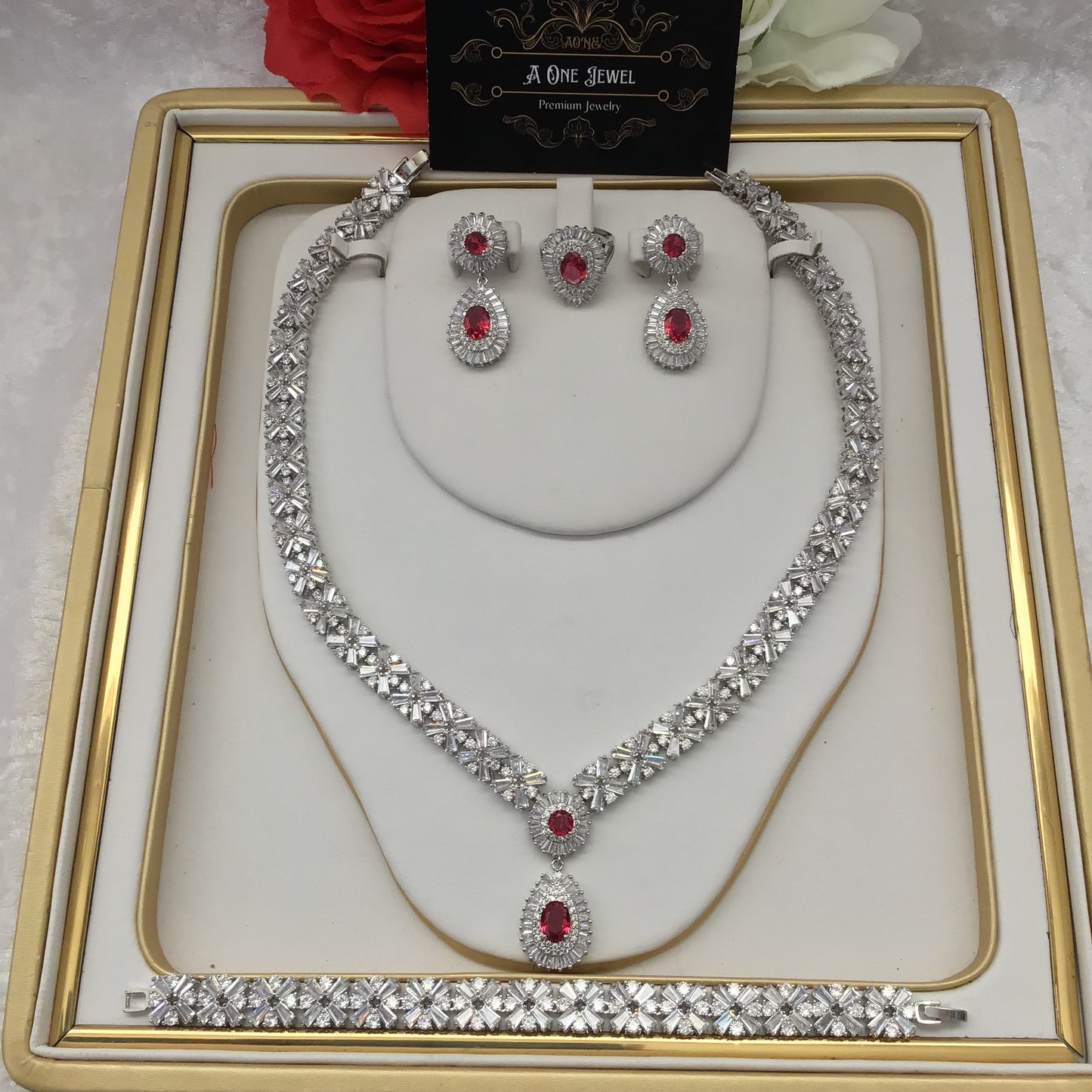 Indian Bridal CZ Diamond Ruby Pink Necklace Earrings Bracelet Ring Set