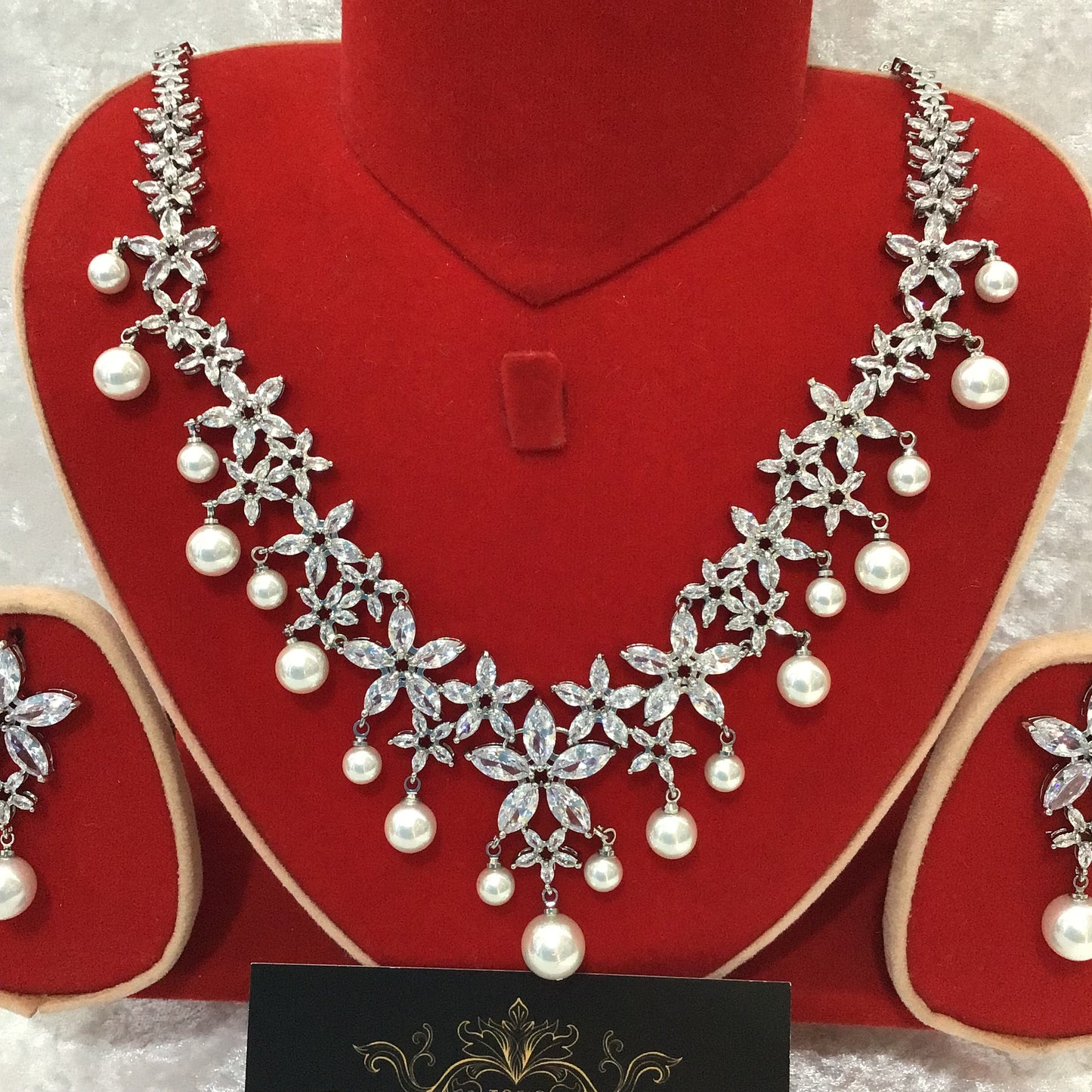 Luxury Bridal Clear CZ Diamond Pearl Necklace Jewellery Set