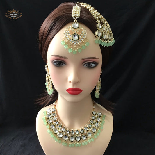 Indian Bridal Pastel Green Necklace Earrings Jhoomar Tikka Set