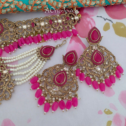 Antique Gold Bridal Choker Necklace Earrings Jhoomar Tikka Set