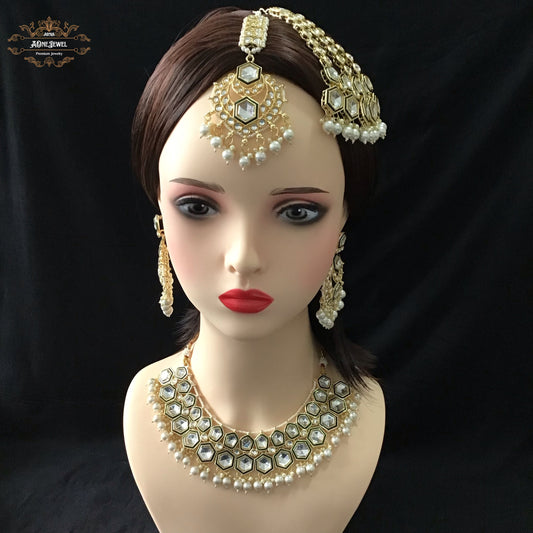 Indian Bridal Ivory Pearls Necklace Earrings Jhoomar Tikka Set