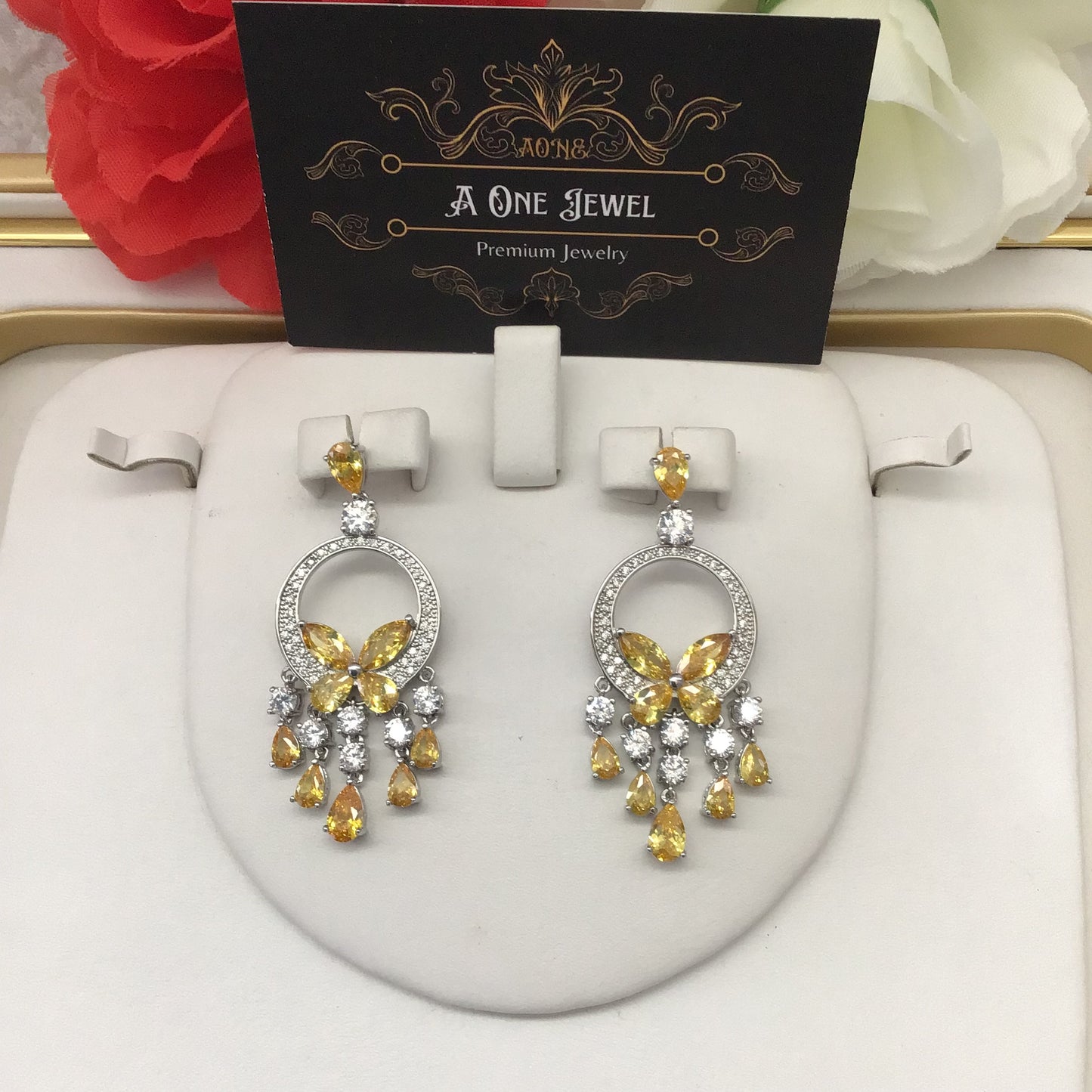 Exclusive Bridal Yellow CZ Diamond Cubic Zirconia Necklace Jewellery Set