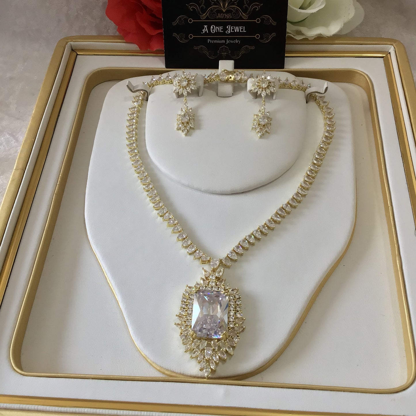 Indian Bridal CZ Diamond Gold Plated Clear Necklace Jewellery Set