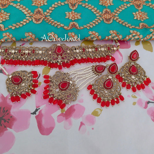 Antique Gold Red Bridal Choker Necklace Earrings Jhoomar Tikka Set