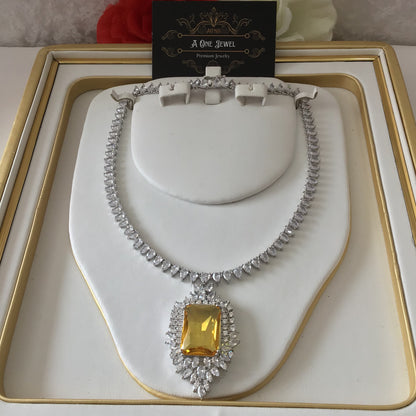 Indian Bridal CZ Diamond Silver Yellow Necklace Jewellery Set