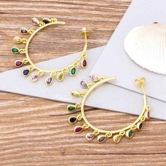 18K Gold Plated Rainbow CZ Hoop Earrings