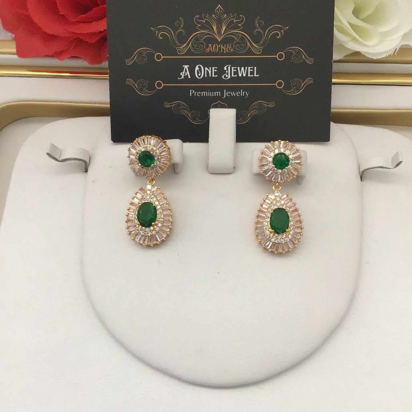 Indian Bridal CZ Diamond Emerald 2PCS Necklace Set