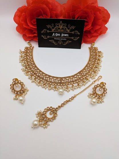 Indian Pakistani Ethnic Pearl Gold Plated Necklace Set