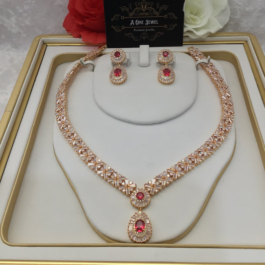 Indian Bridal CZ Diamond Ruby Pink 2PCS Necklace Set