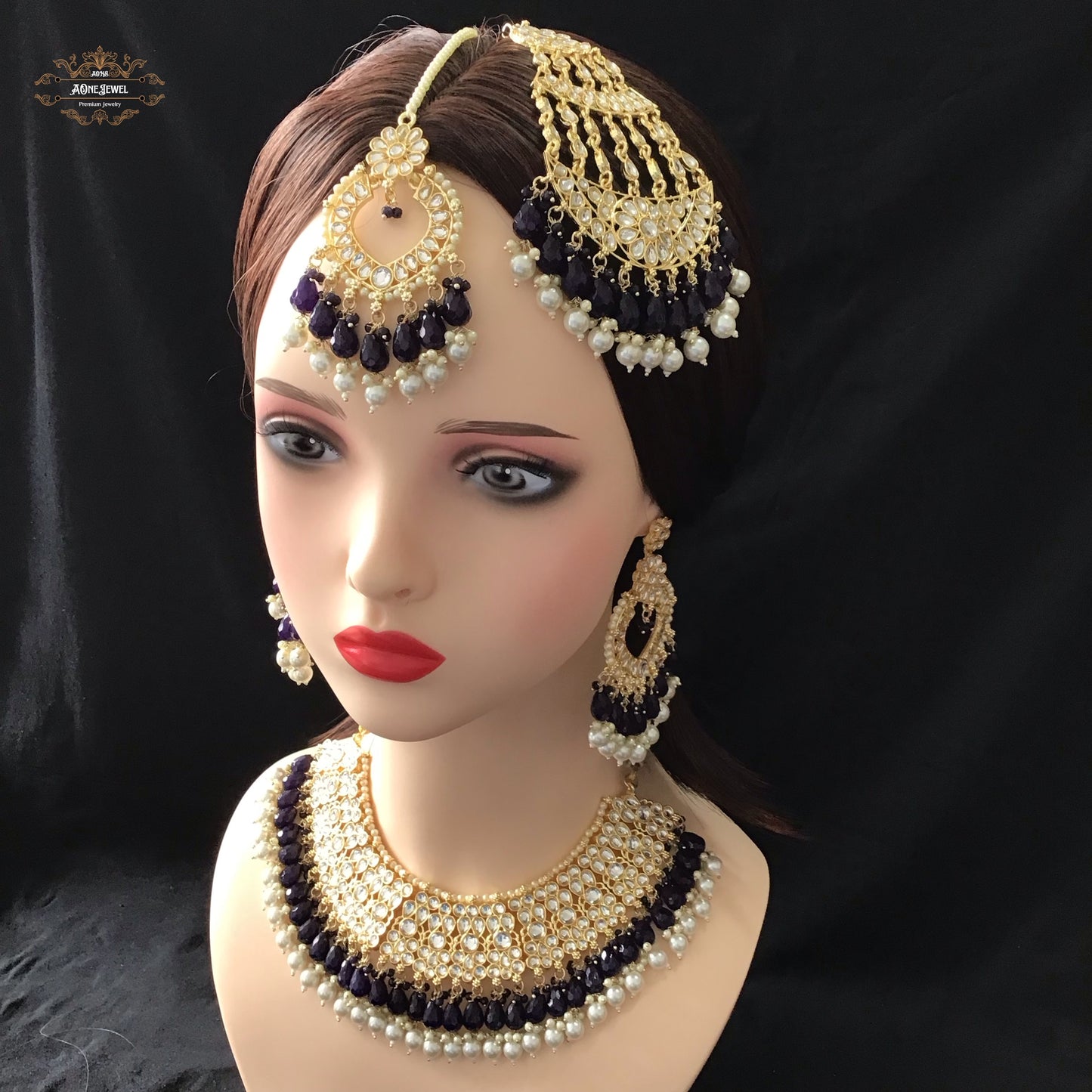 Indian Bridal Navy Blue Necklace Earrings Jhoomar Tikka Set