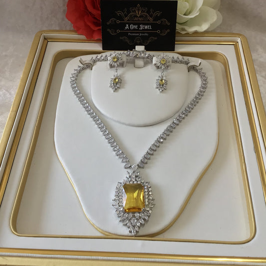 Indian Bridal CZ Diamond Silver Yellow Necklace Jewellery Set