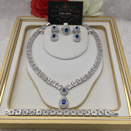 Indian Bridal CZ Diamond Sapphire Necklace Earrings Bracelet Ring Set