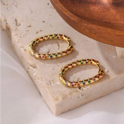 18K Gold Plated Ellipse Rainbow CZ Hoop Earrings