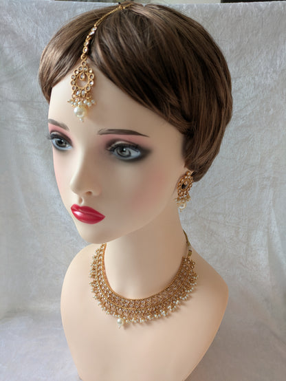 Indian Pakistani Ethnic Pearl Gold Plated Necklace Set