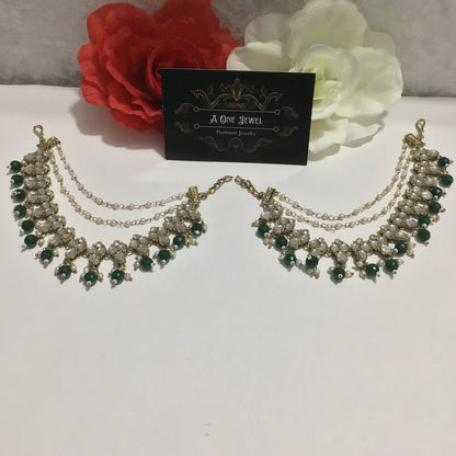 Antique Gold Deep Green Kundan Mirror Pearl Ear Chain