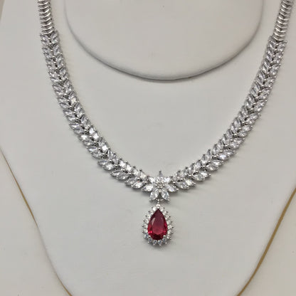 Exclusive Bridal Ruby Pink CZ Diamond Cubic Zirconia Necklace Jewellery Set