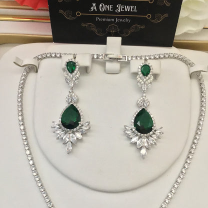 Exclusive Bridal Green CZ Diamond Cubic Zirconia Necklace Jewellery Set