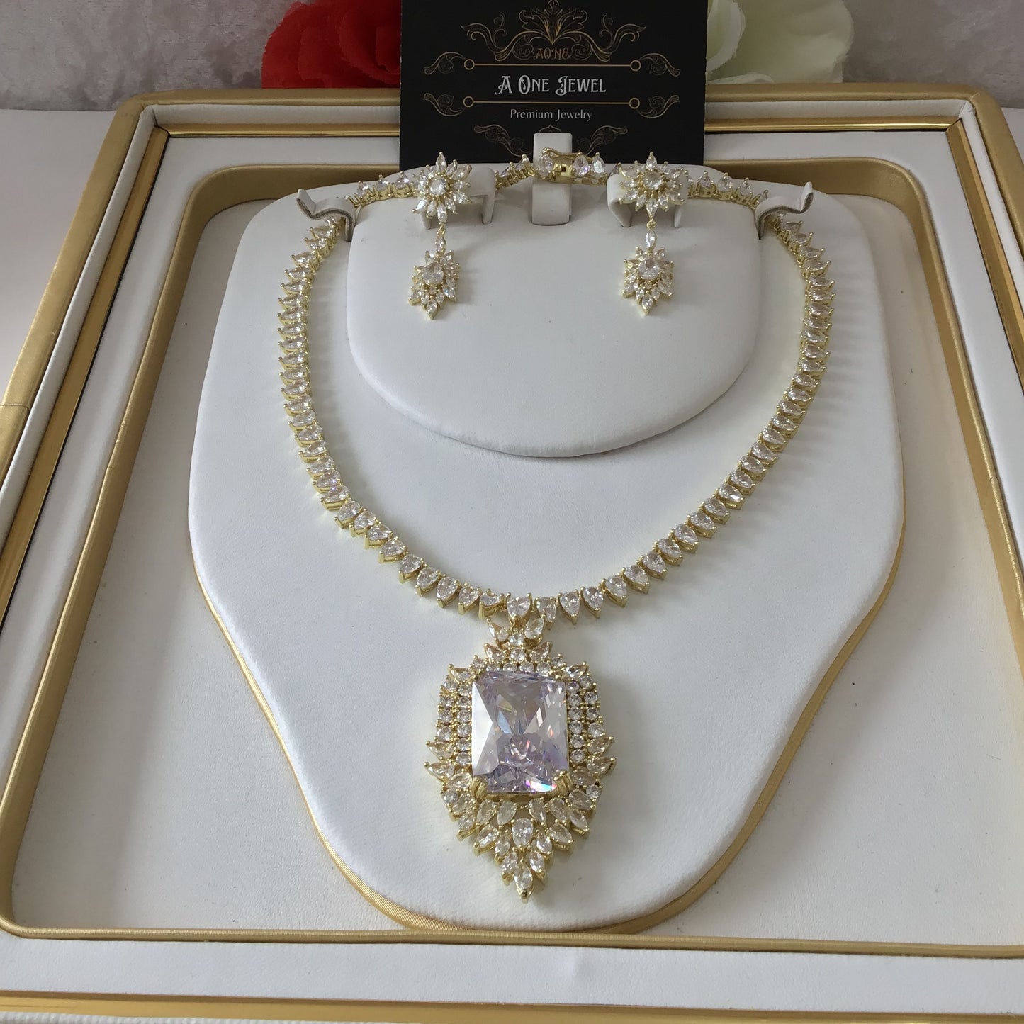 Indian Bridal CZ Diamond Gold Plated Clear Necklace Jewellery Set