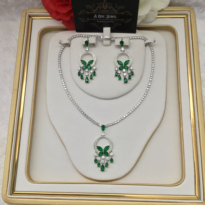 Exclusive Bridal Green CZ Diamond Cubic Zirconia Necklace Jewellery Set