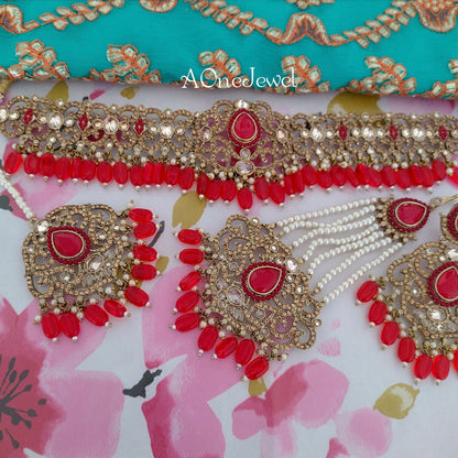 Antique Gold Red Bridal Choker Necklace Earrings Jhoomar Tikka Set