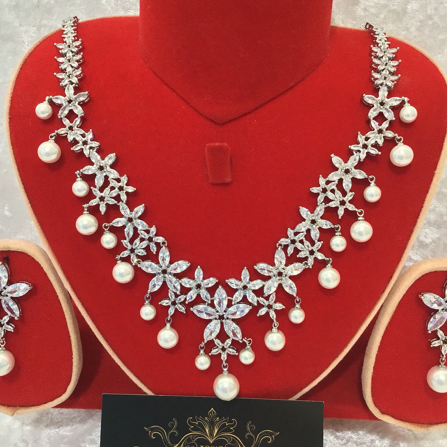 Luxury Bridal Clear CZ Diamond Pearl Necklace Jewellery Set