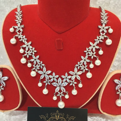 Luxury Bridal Clear CZ Diamond Pearl Necklace Jewellery Set