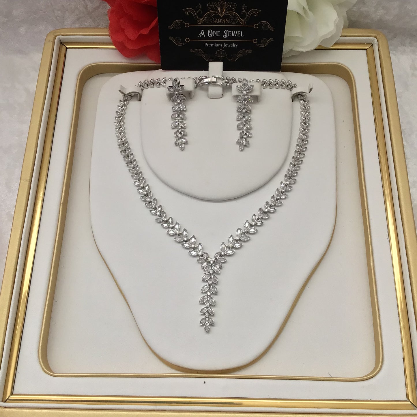 Indian Bridal Silver CZ Diamond Necklace Set