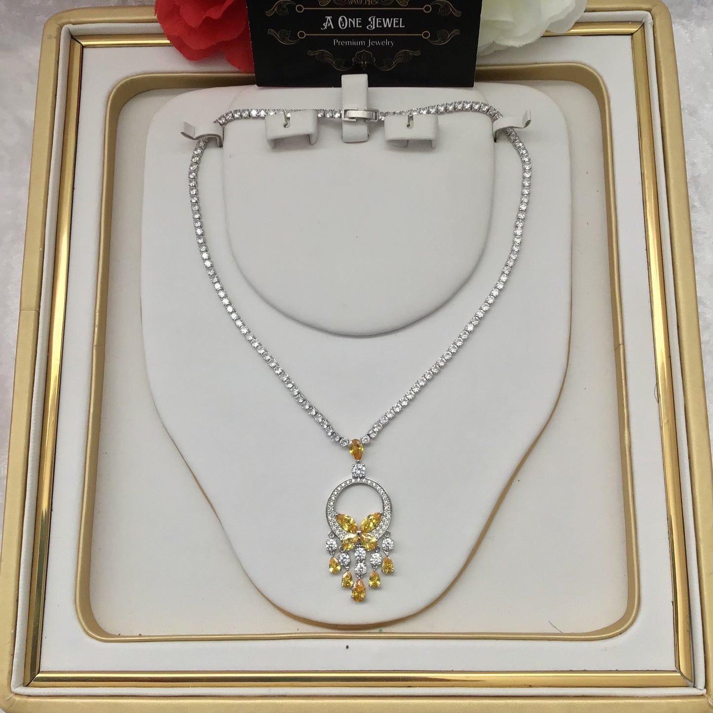 Exclusive Bridal Yellow CZ Diamond Cubic Zirconia Necklace Jewellery Set