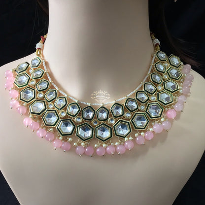 Indian Bridal Pink Necklace Earrings Jhoomar Tikka Set