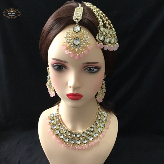 Indian Bridal Baby Pink Necklace Earrings Jhoomar Tikka Set