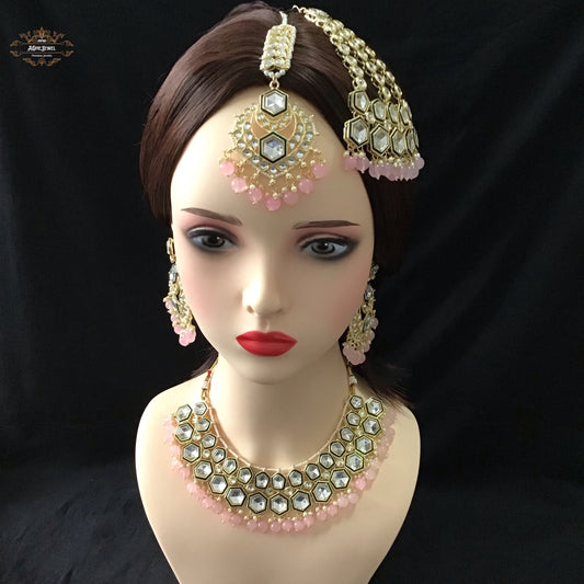 Indian Bridal Pink Necklace Earrings Jhoomar Tikka Set