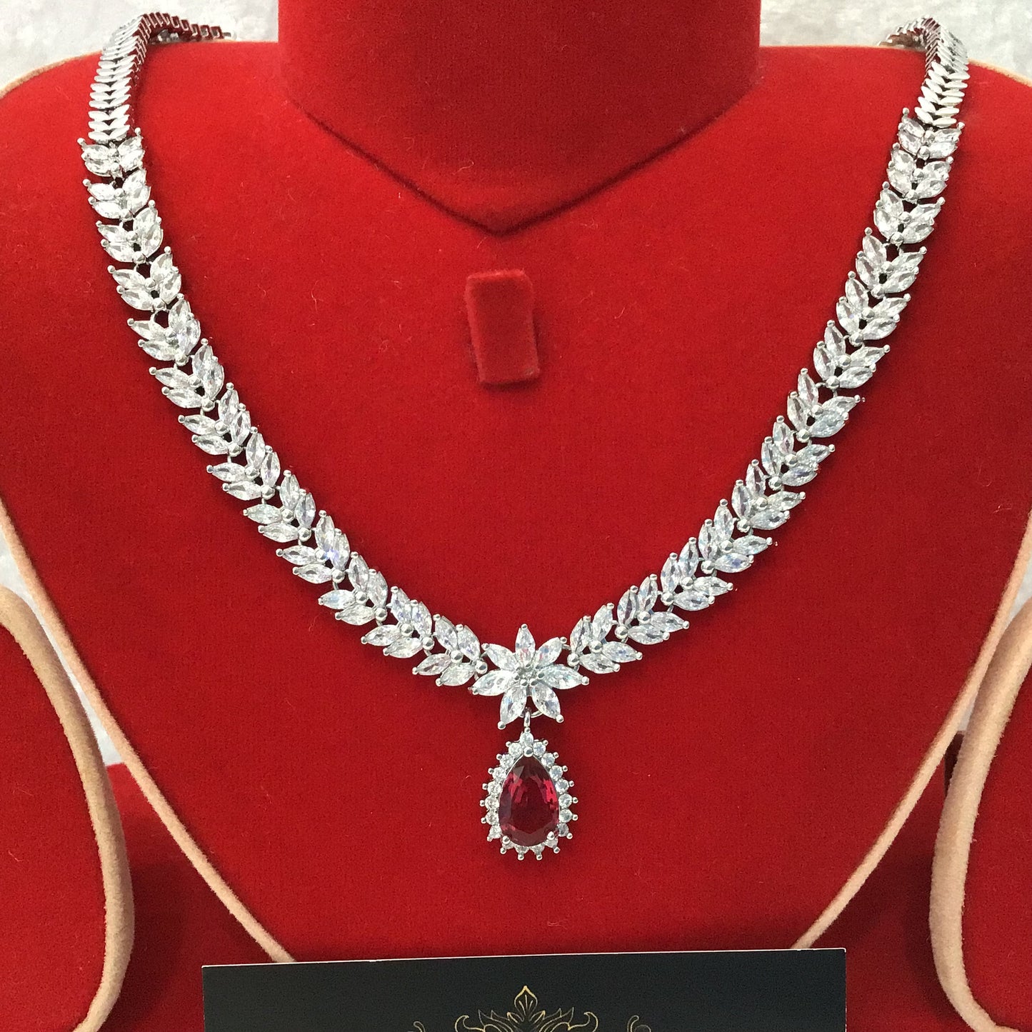 Exclusive Bridal Ruby Pink CZ Diamond Cubic Zirconia Necklace Jewellery Set