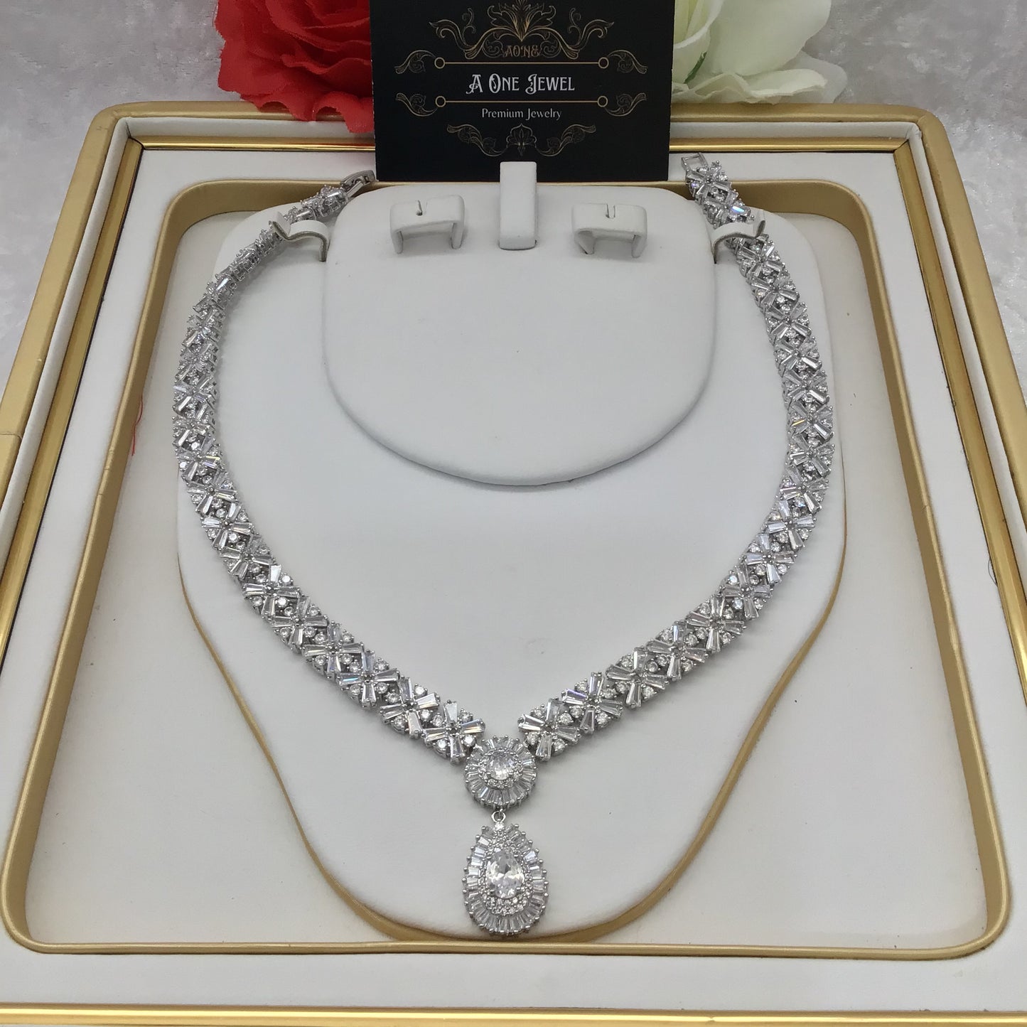 Indian Bridal CZ Diamond Silver Necklace Earrings Bracelet Ring Set