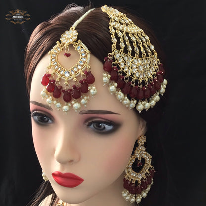 Indian Bridal Maroon Necklace Earrings Jhoomar Tikka Set