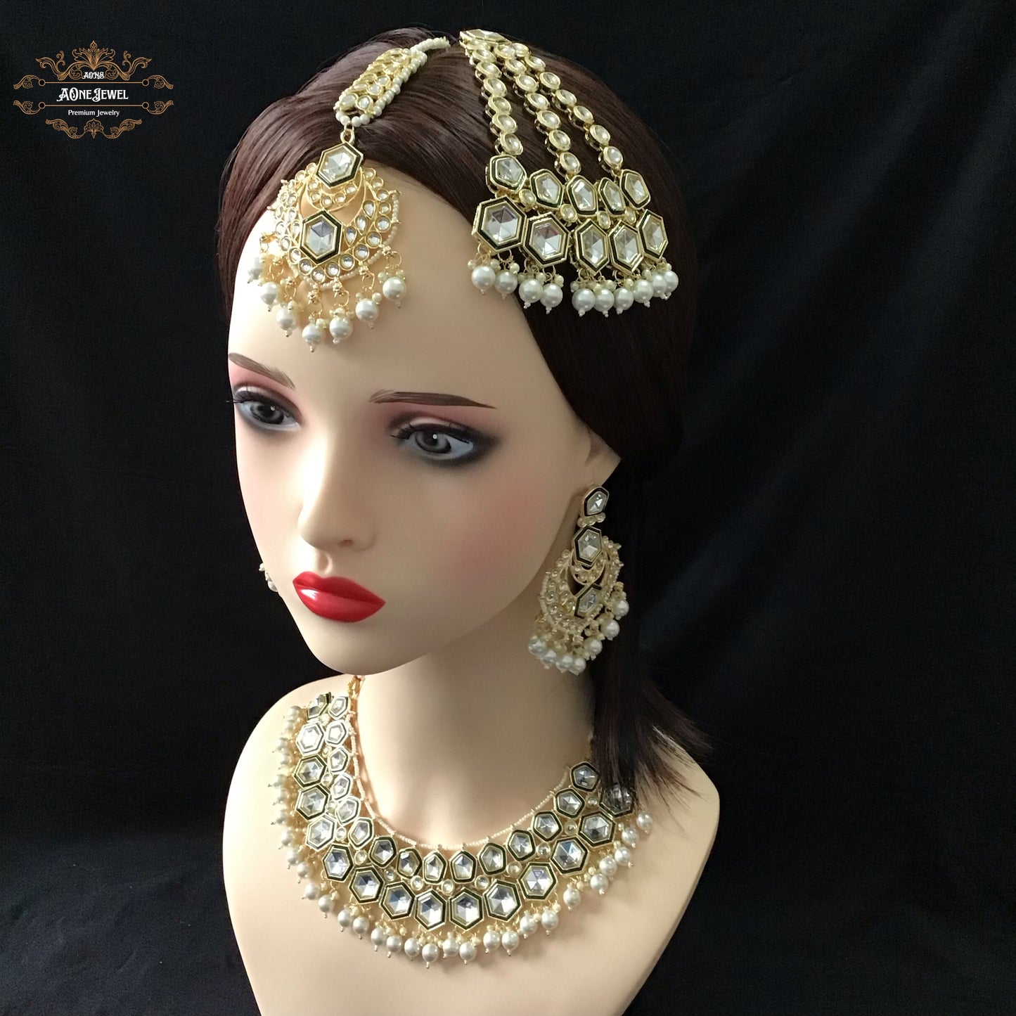 Indian Bridal Ivory Pearls Necklace Earrings Jhoomar Tikka Set