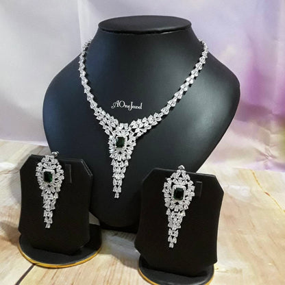 Indian Bridal CZ Diamond Emerald 2PCS Necklace Set